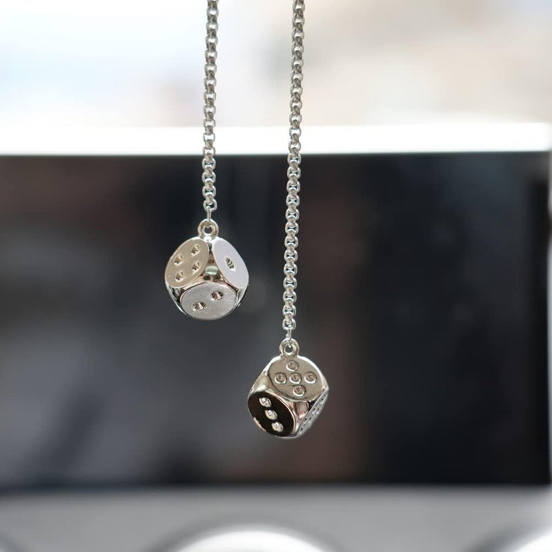 AMIORO Creative Hanging Dice with Dots Car Metal Pendant Rear View Mirrors Charms Ornament (Silver) - Image 3